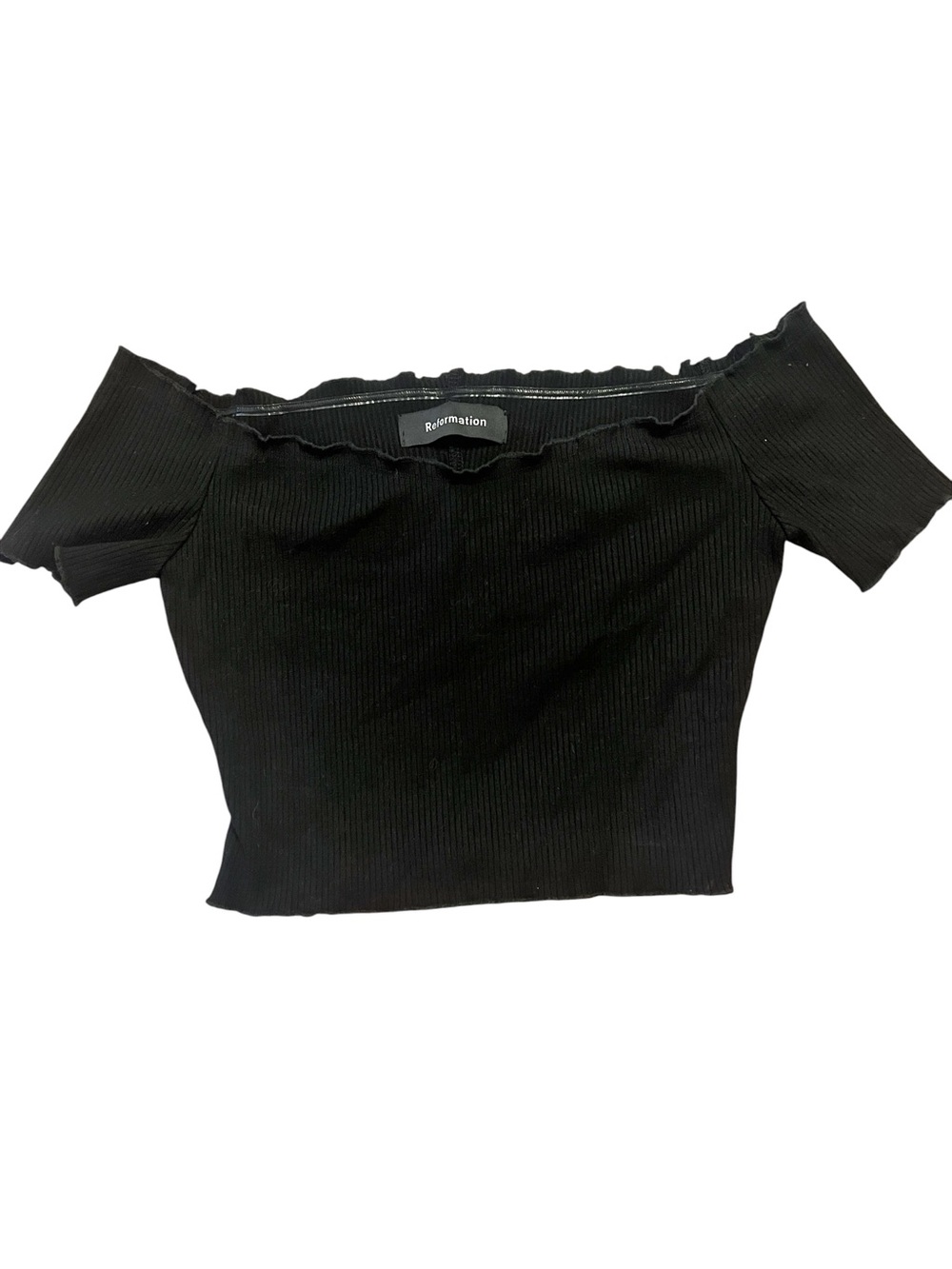 Reformation Black Ribbed Off-Shoulder Crop Top L